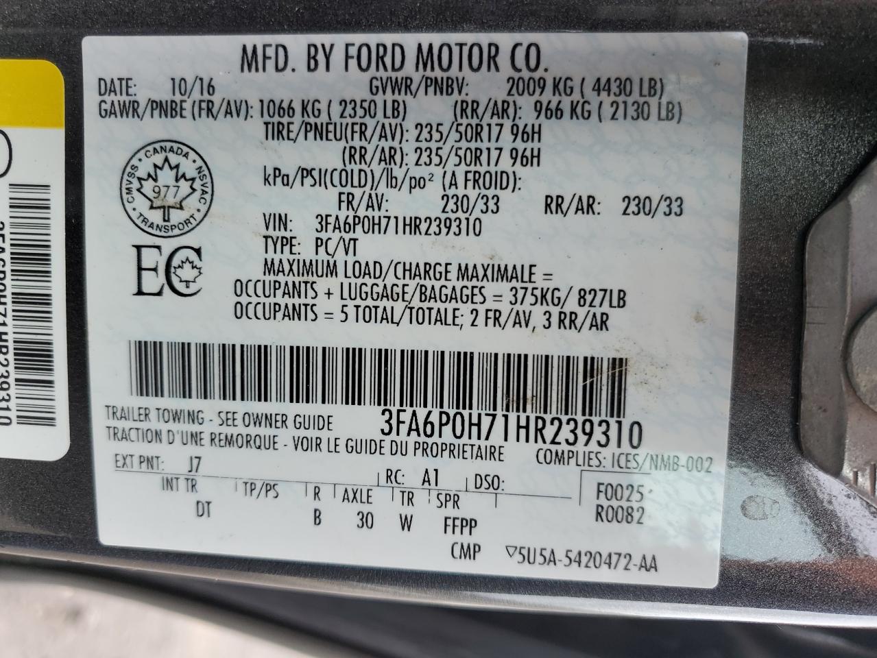 2017 Ford Fusion Se VIN: 3FA6P0H71HR239310 Lot: 65375875