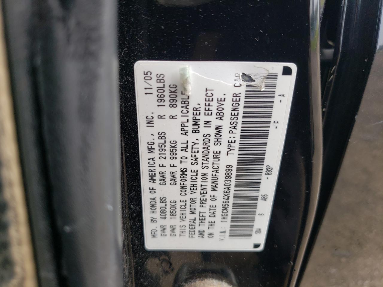 2006 Honda Accord Lx VIN: 1HGCM564X6A039899 Lot: 66645515