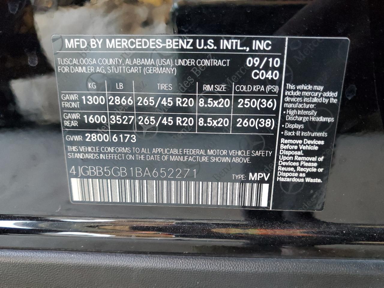 2011 Mercedes-Benz Ml 350 VIN: 4JGBB5GB1BA652271 Lot: 63685955