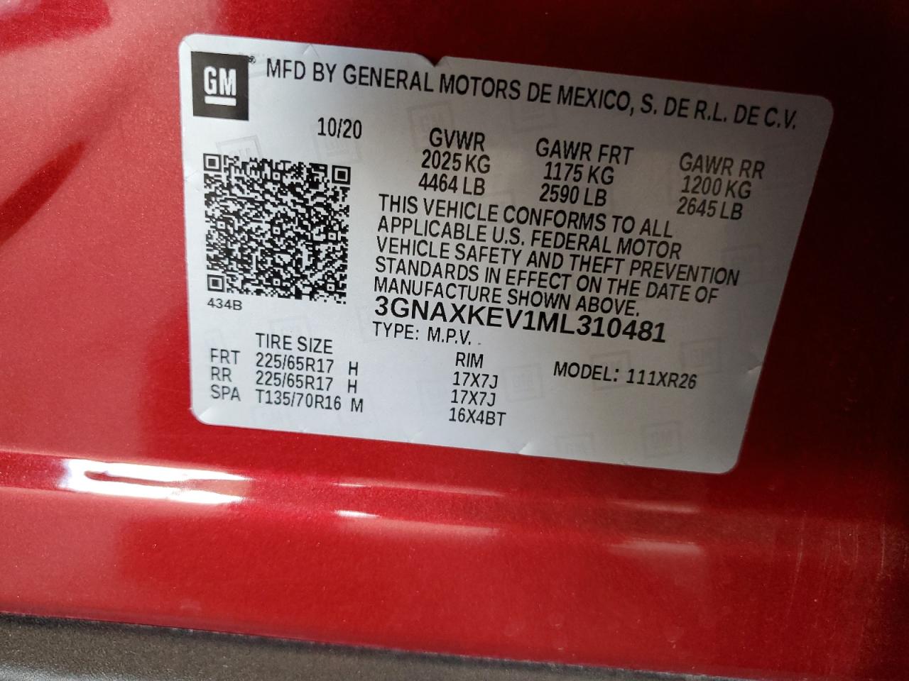 2021 Chevrolet Equinox Lt VIN: 3GNAXKEV1ML310481 Lot: 65146685