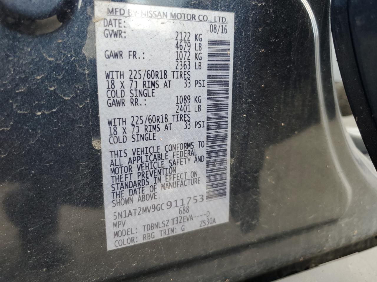 2016 Nissan Rogue S VIN: 5N1AT2MV9GC911753 Lot: 63632375