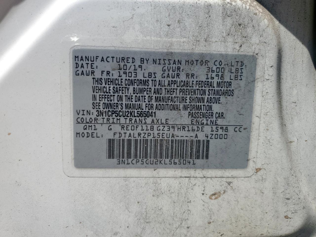 3N1CP5CU2KL565041 2019 Nissan Kicks S