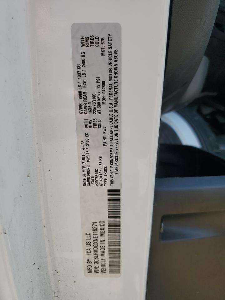 2022 Ram Promaster 2500 2500 High VIN: 3C6LRVDGXNE116271 Lot: 65210065