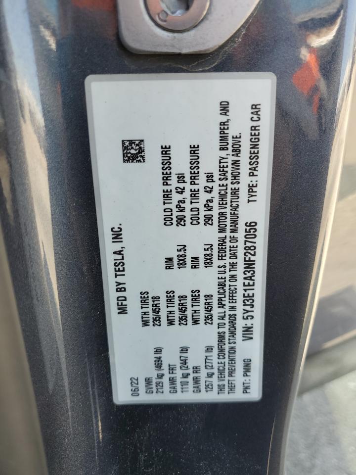 2022 Tesla Model 3 VIN: 5YJ3E1EA3NF287056 Lot: 64797985