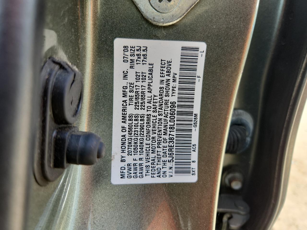 2008 Honda Cr-V Exl VIN: 5J6RE38718L006096 Lot: 64356465