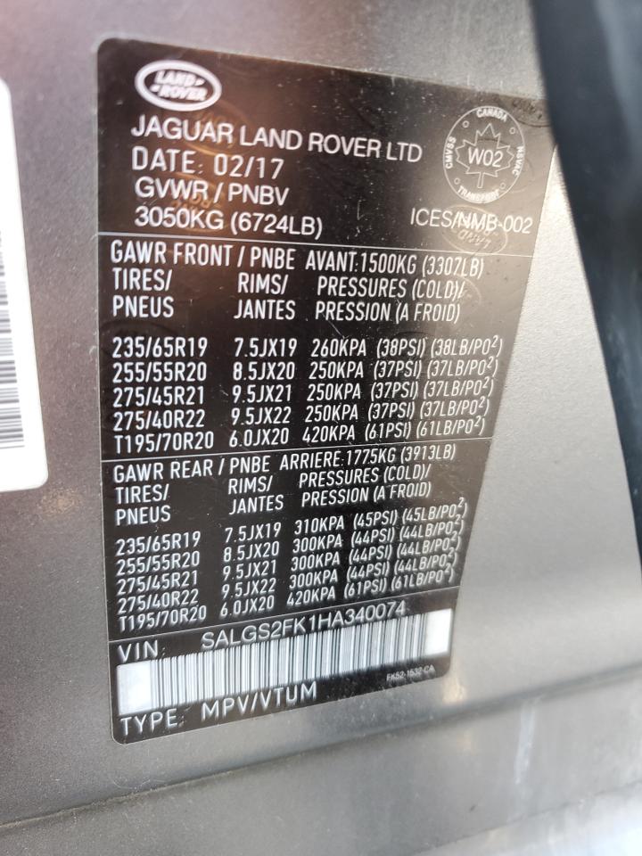2017 Land Rover Range Rover Hse VIN: SALGS2FK1HA340074 Lot: 64265085