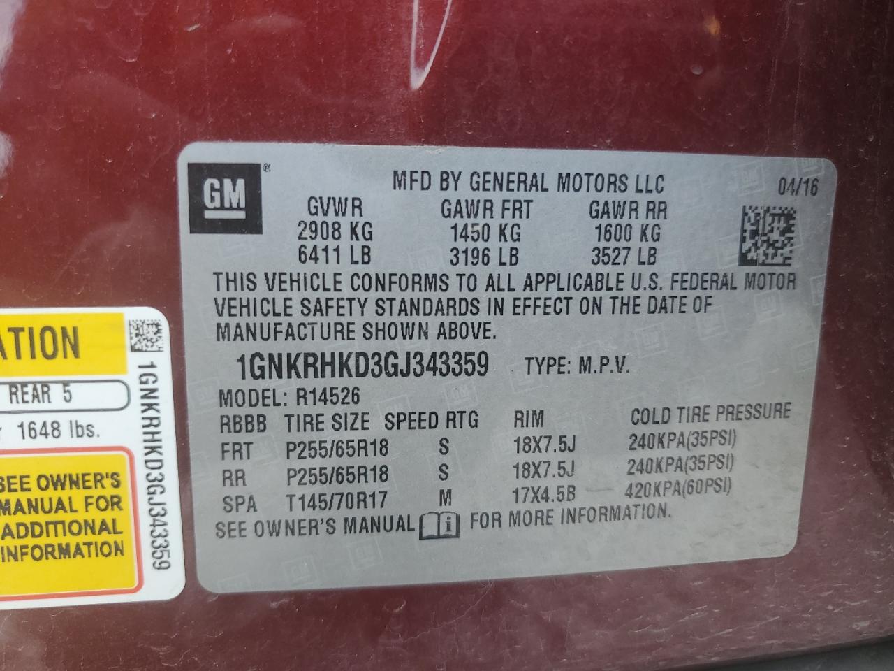 2016 Chevrolet Traverse Lt VIN: 1GNKRHKD3GJ343359 Lot: 62910405