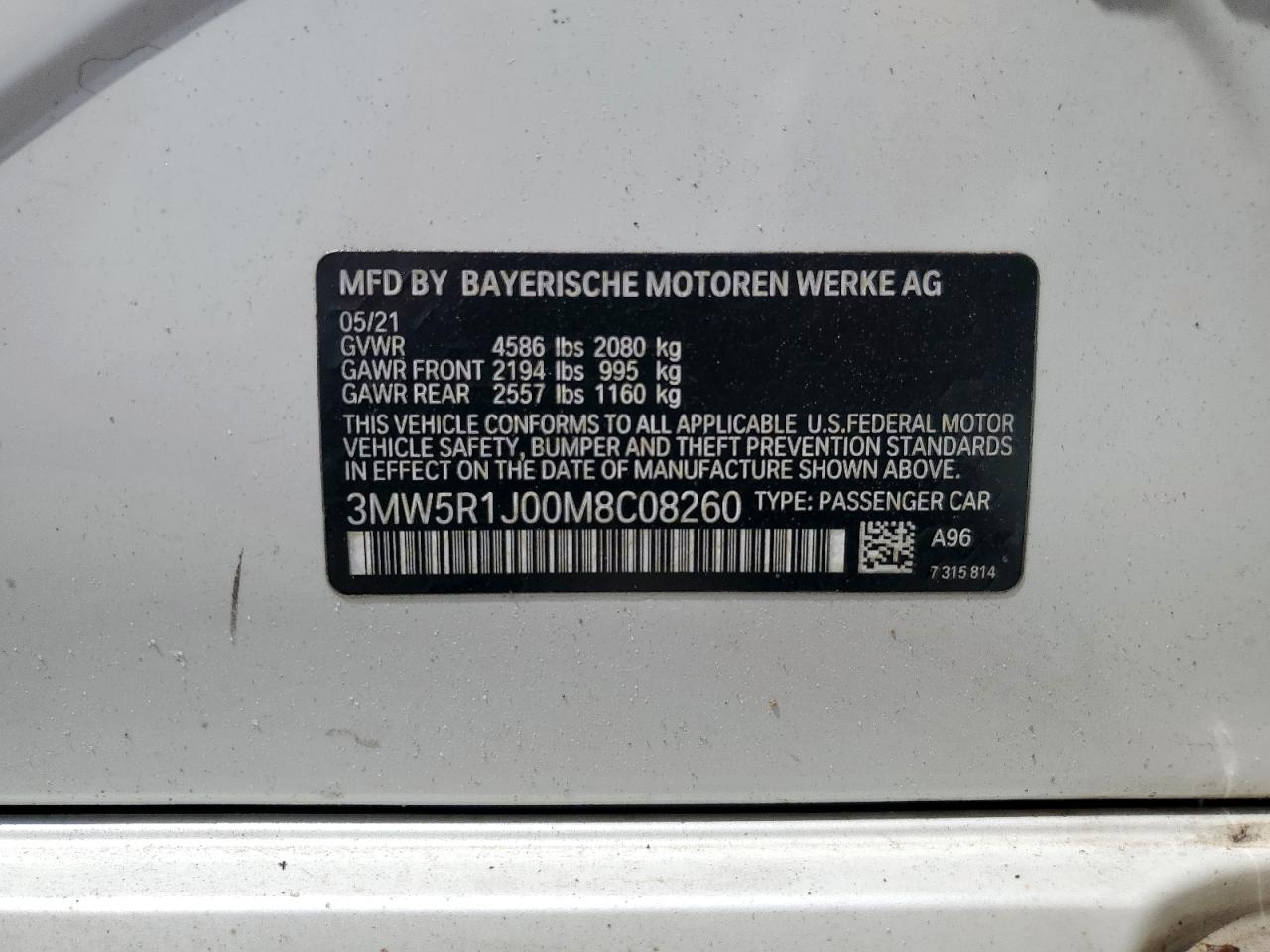 2021 BMW 330I VIN: 3MW5R1J00M8C08260 Lot: 64649155