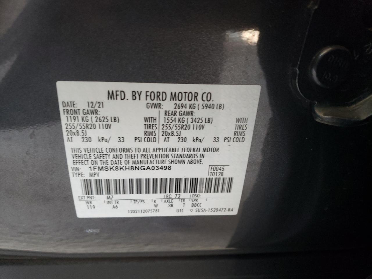 2022 Ford Explorer St-Line VIN: 1FMSK8KH8NGA03498 Lot: 63384785