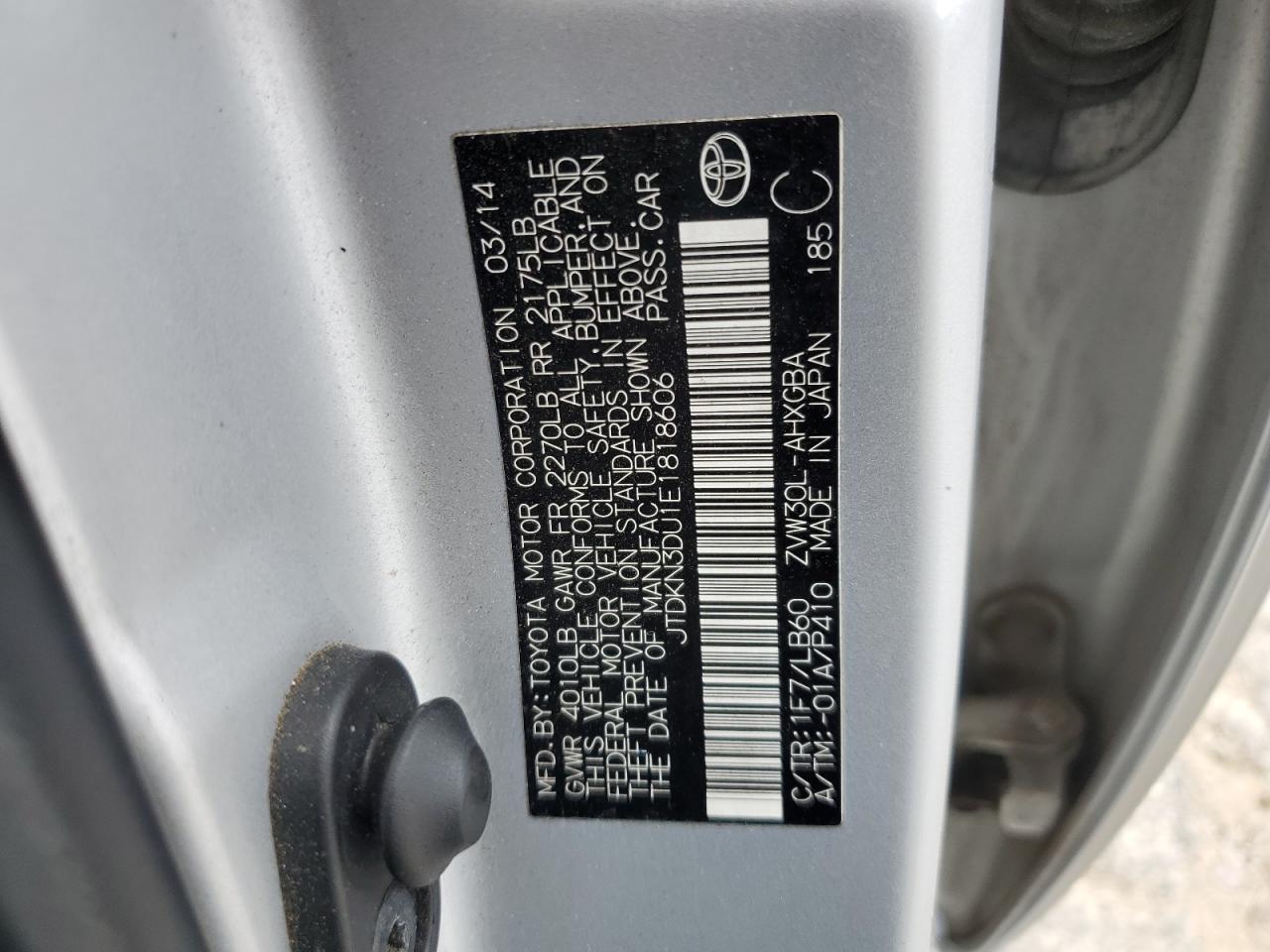 2014 Toyota Prius VIN: JTDKN3DU1E1818606 Lot: 62338395