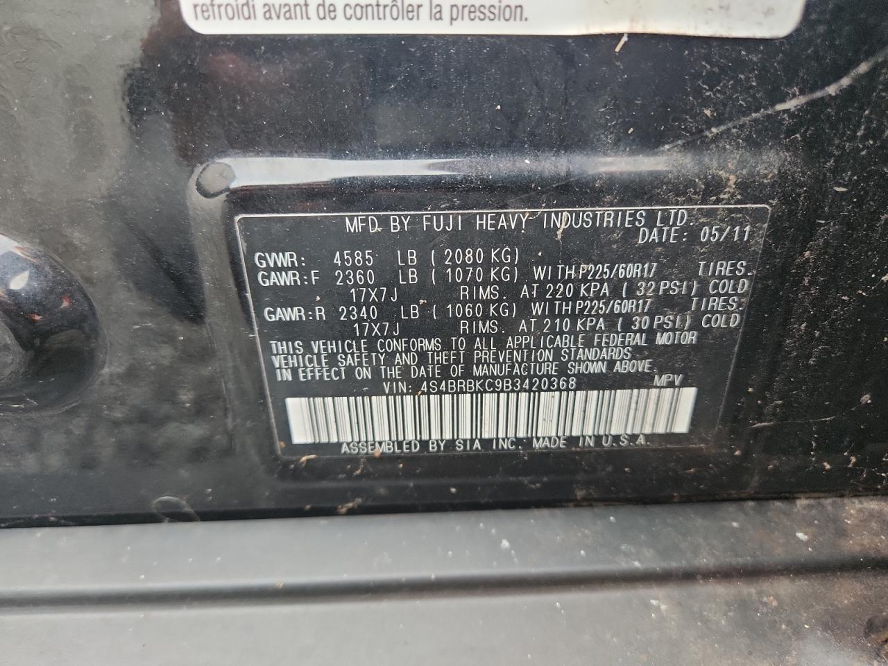 2011 Subaru Outback 2.5I Limited VIN: 4S4BRBKC9B3420368 Lot: 63972425