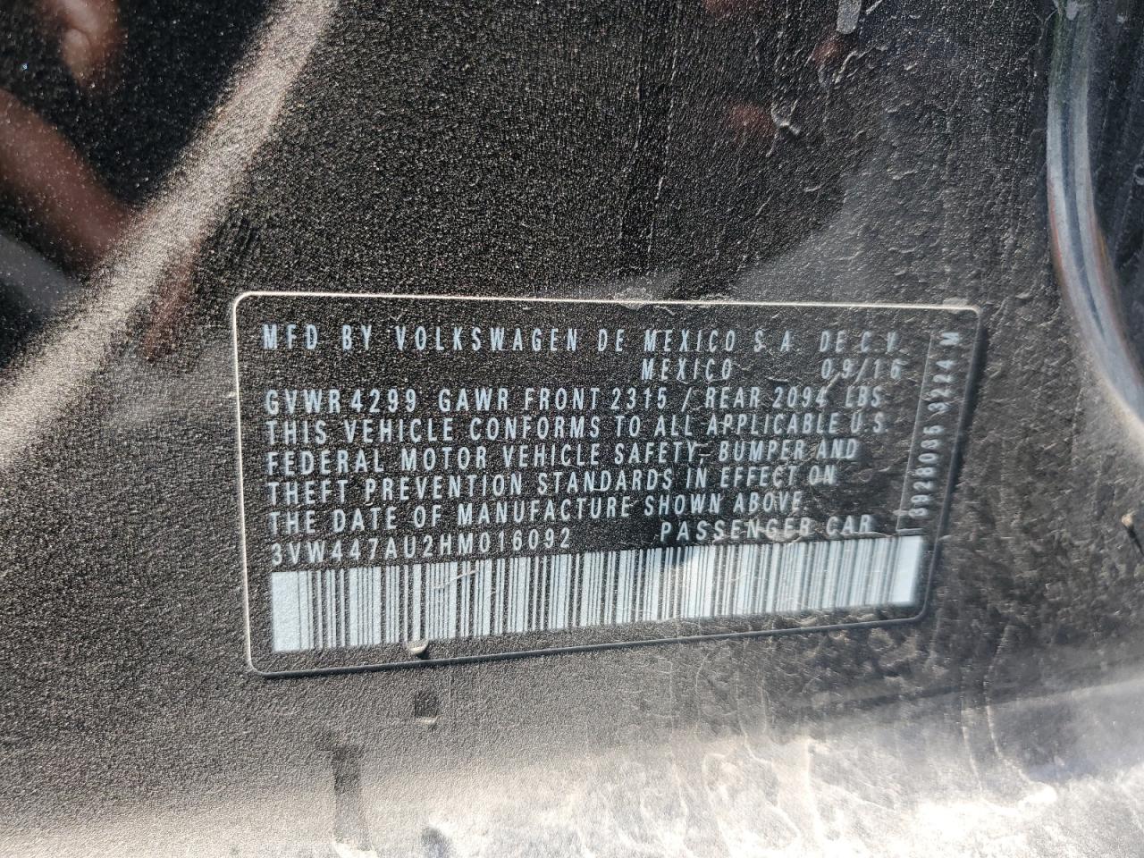 2017 Volkswagen Gti S/Se VIN: 3VW447AU2HM016092 Lot: 66999125