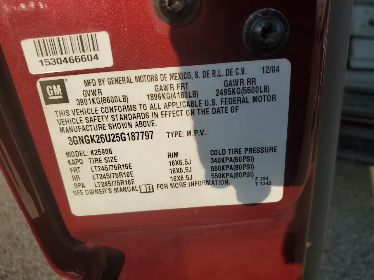 2005 Chevrolet Suburban K2500 VIN: 3GNGK26U25G187797 Lot: 65916375