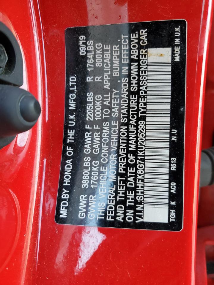 2019 Honda Civic Type-R Touring VIN: SHHFK8G71KU205299 Lot: 65270485