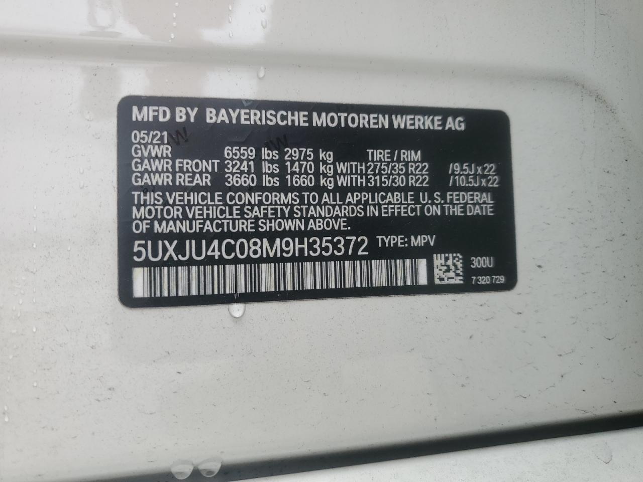 2021 BMW X5 M50I VIN: 5UXJU4C08M9H35372 Lot: 60961785