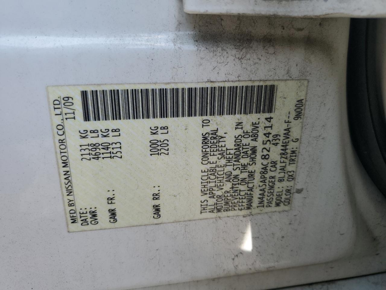 2010 Nissan Maxima S VIN: 1N4AA5AP8AC825414 Lot: 62666665