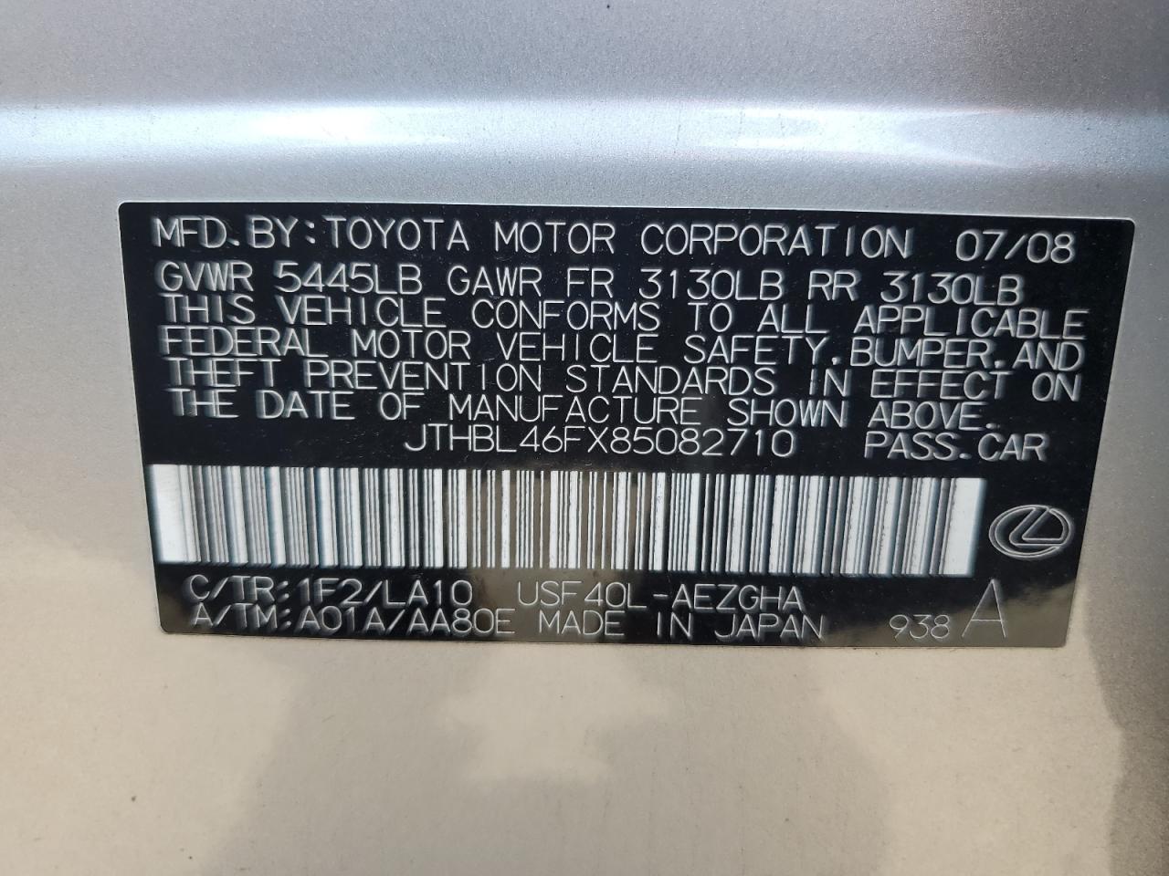 2008 Lexus Ls 460 VIN: JTHBL46FX85082710 Lot: 64857025
