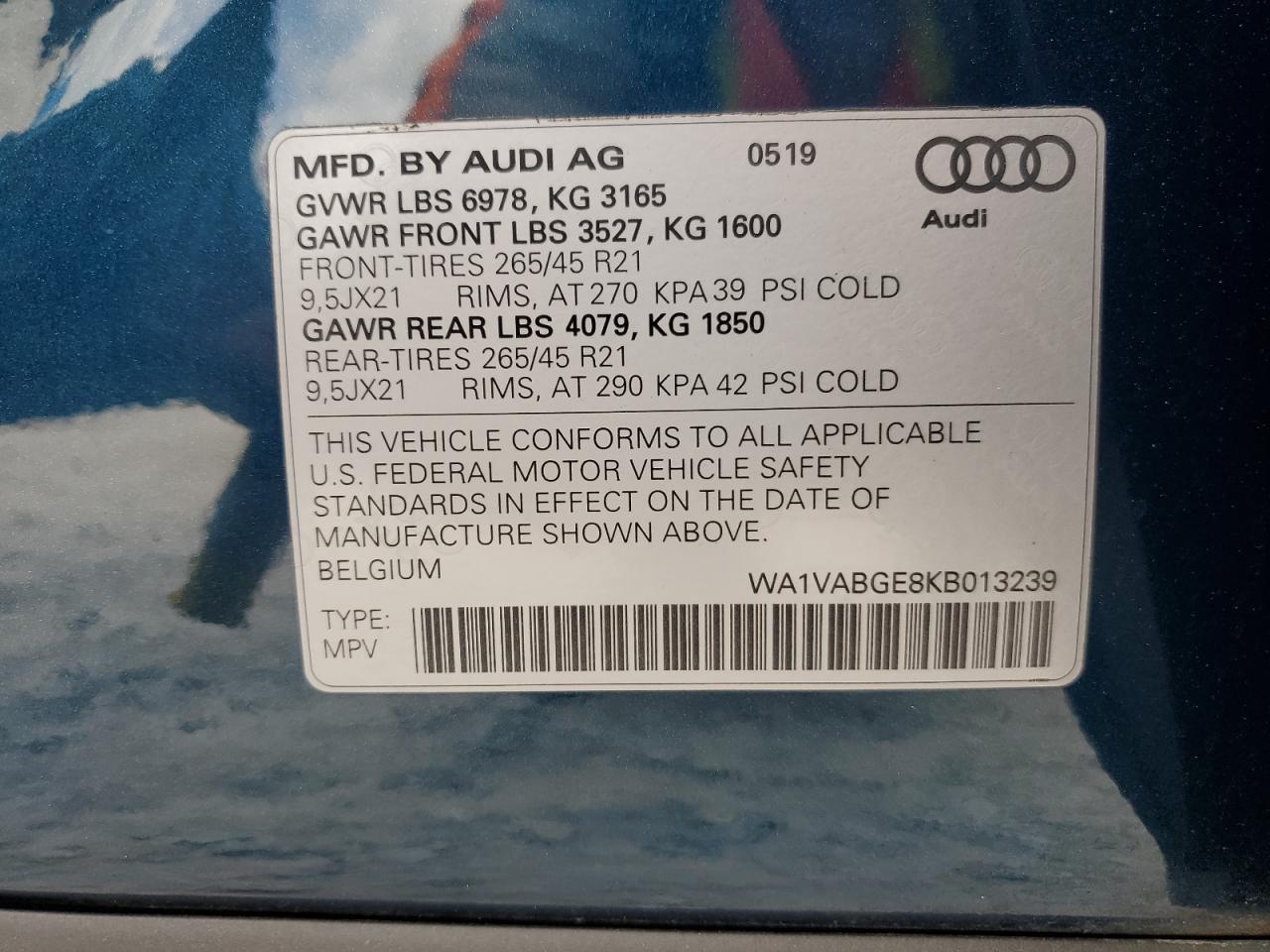 wa1vabge8kb013239 WA1VABGE8KB013239 2019 Audi E-Tron Prestige