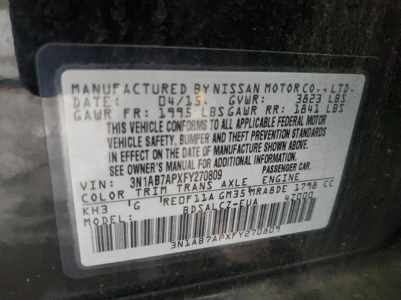 2015 Nissan Sentra S VIN: 3N1AB7APXFY270809 Lot: 62749685