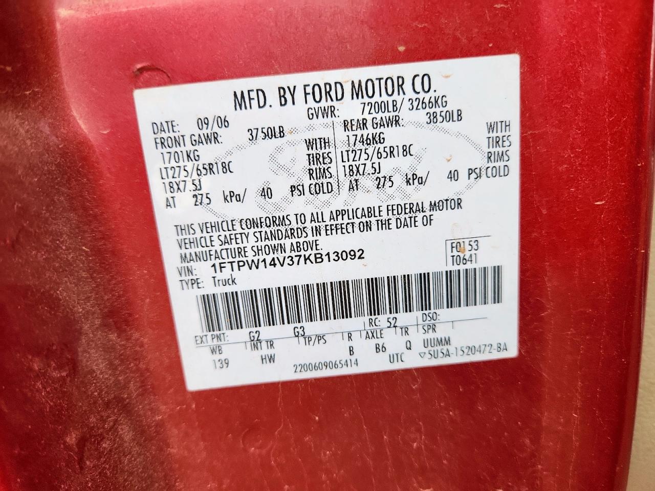 2007 Ford F150 Supercrew VIN: 1FTPW14V37KB13092 Lot: 64219345