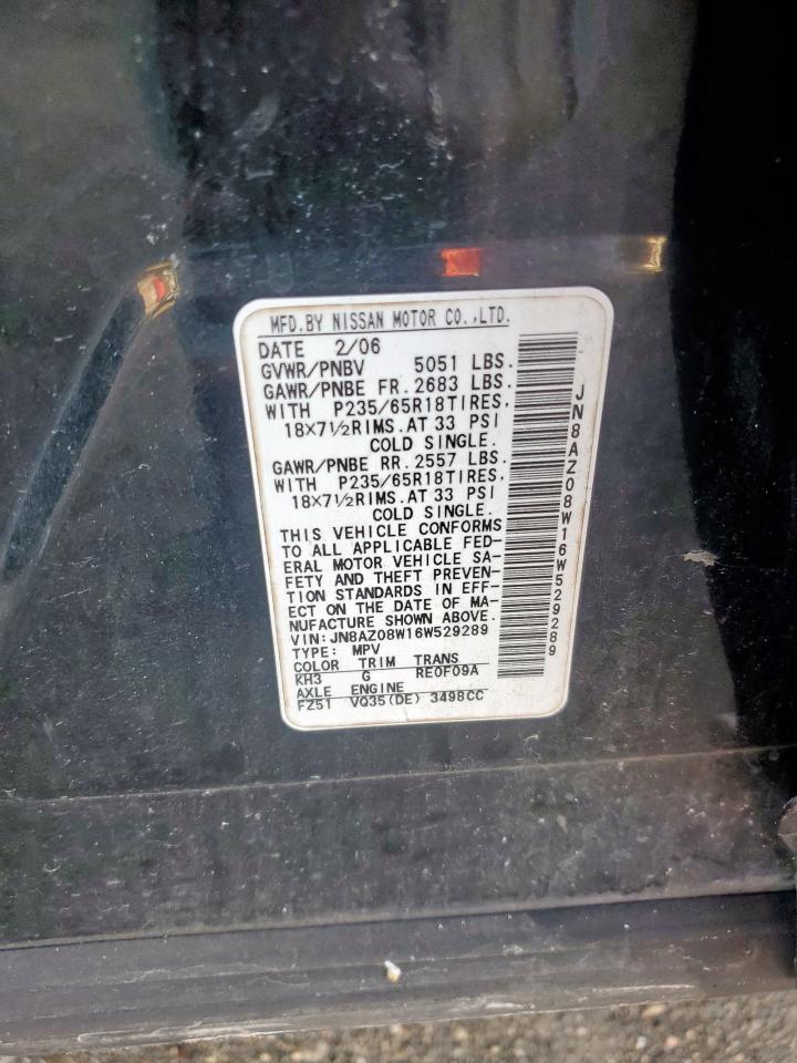 2006 Nissan Murano Sl VIN: JN8AZ08W16W529289 Lot: 64692845