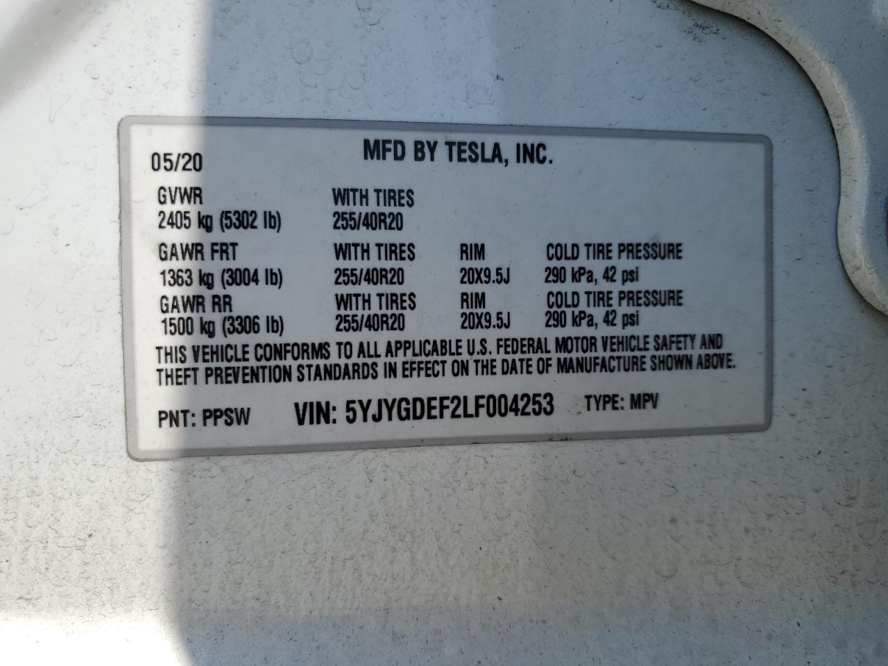 2020 Tesla Model Y VIN: 5YJYGDEF2LF004253 Lot: 65157195