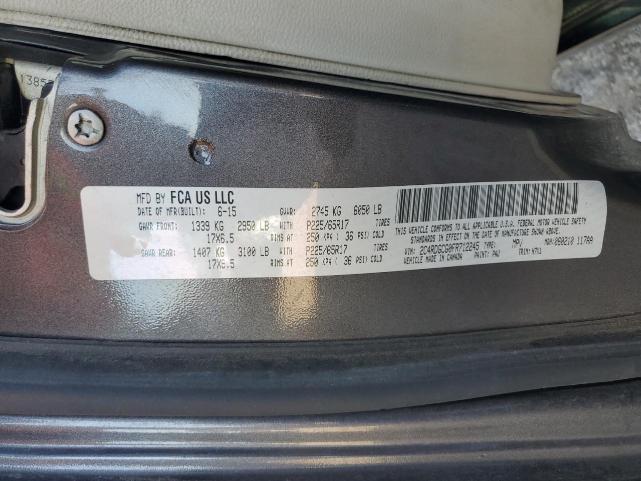 2015 Dodge Grand Caravan Sxt VIN: 2C4RDGCG0FR712245 Lot: 64674505