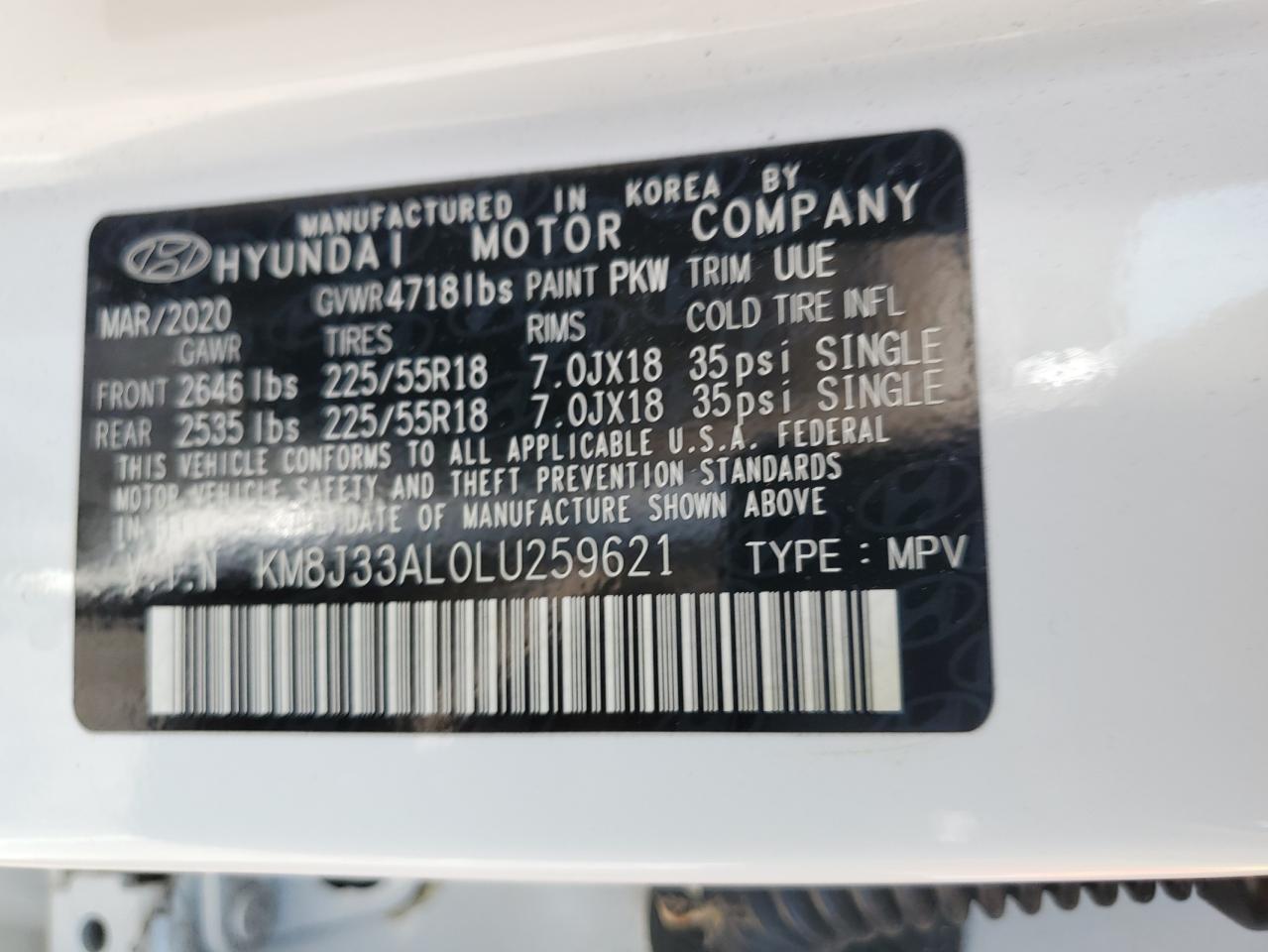 2020 Hyundai Tucson Limited VIN: KM8J33AL0LU259621 Lot: 64948745