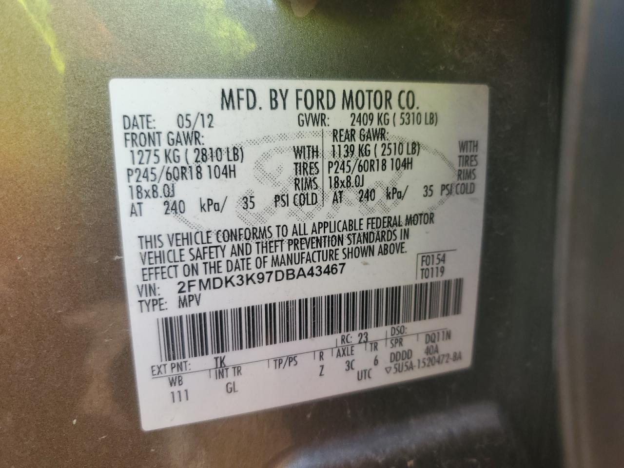 2013 Ford Edge Limited VIN: 2FMDK3K97DBA43467 Lot: 81066975