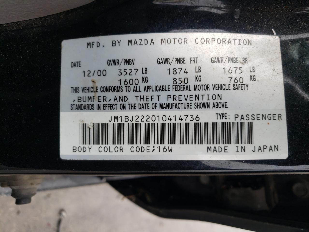 2001 Mazda Protege Dx VIN: JM1BJ222010414736 Lot: 65020415