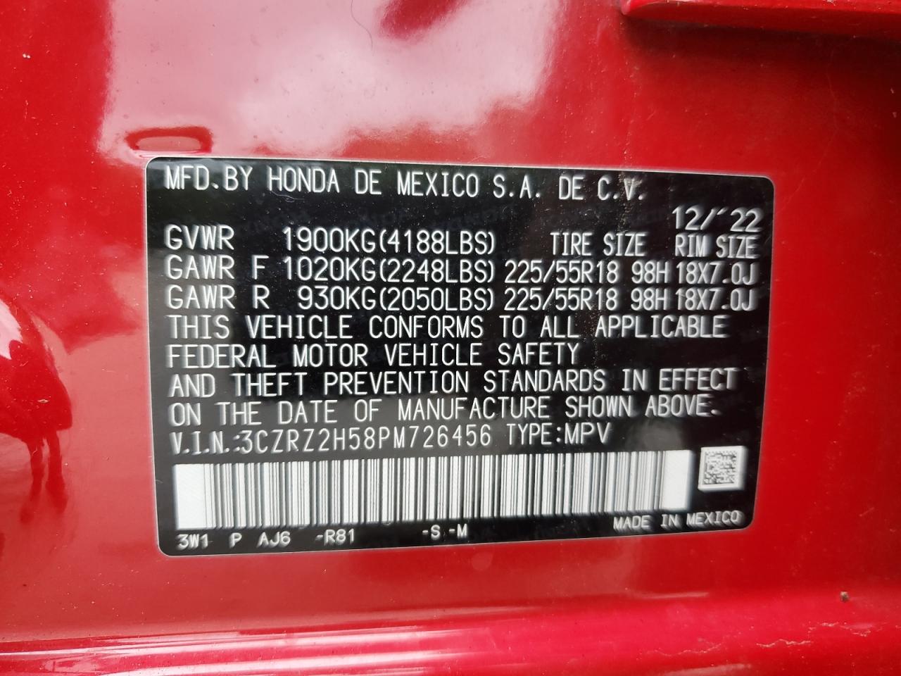2023 Honda Hr-V Sport VIN: 3CZRZ2H58PM726456 Lot: 65163505