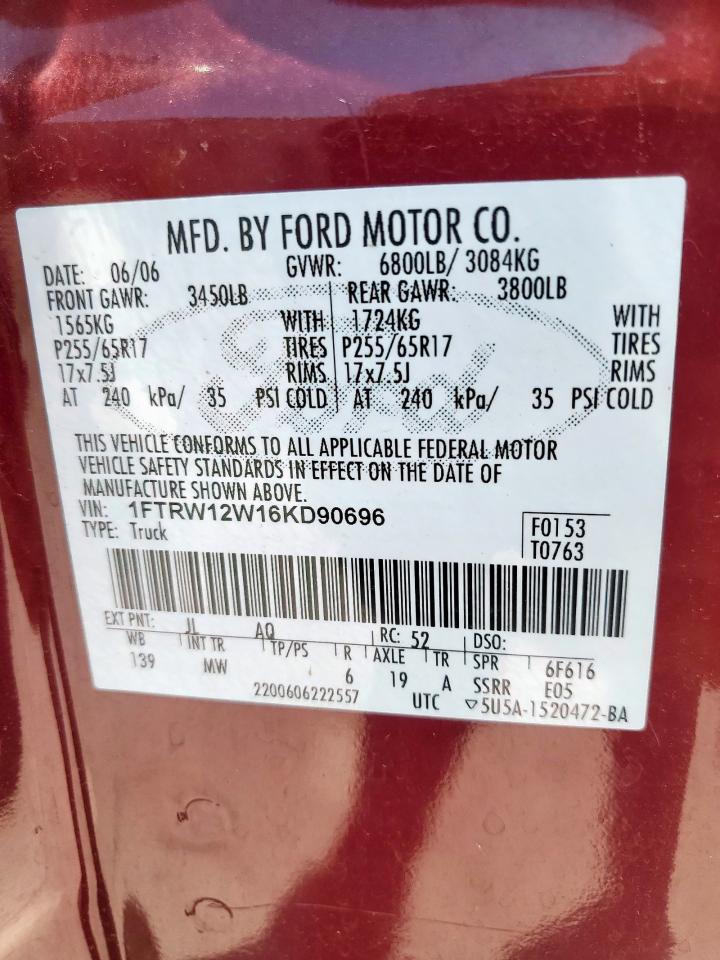 2006 Ford F150 Supercrew VIN: 1FTRW12W16KD90696 Lot: 64276845