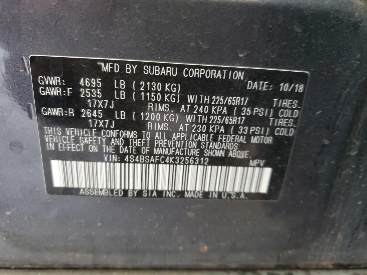 2019 Subaru Outback 2.5I Premium VIN: 4S4BSAFC4K3256312 Lot: 63023245