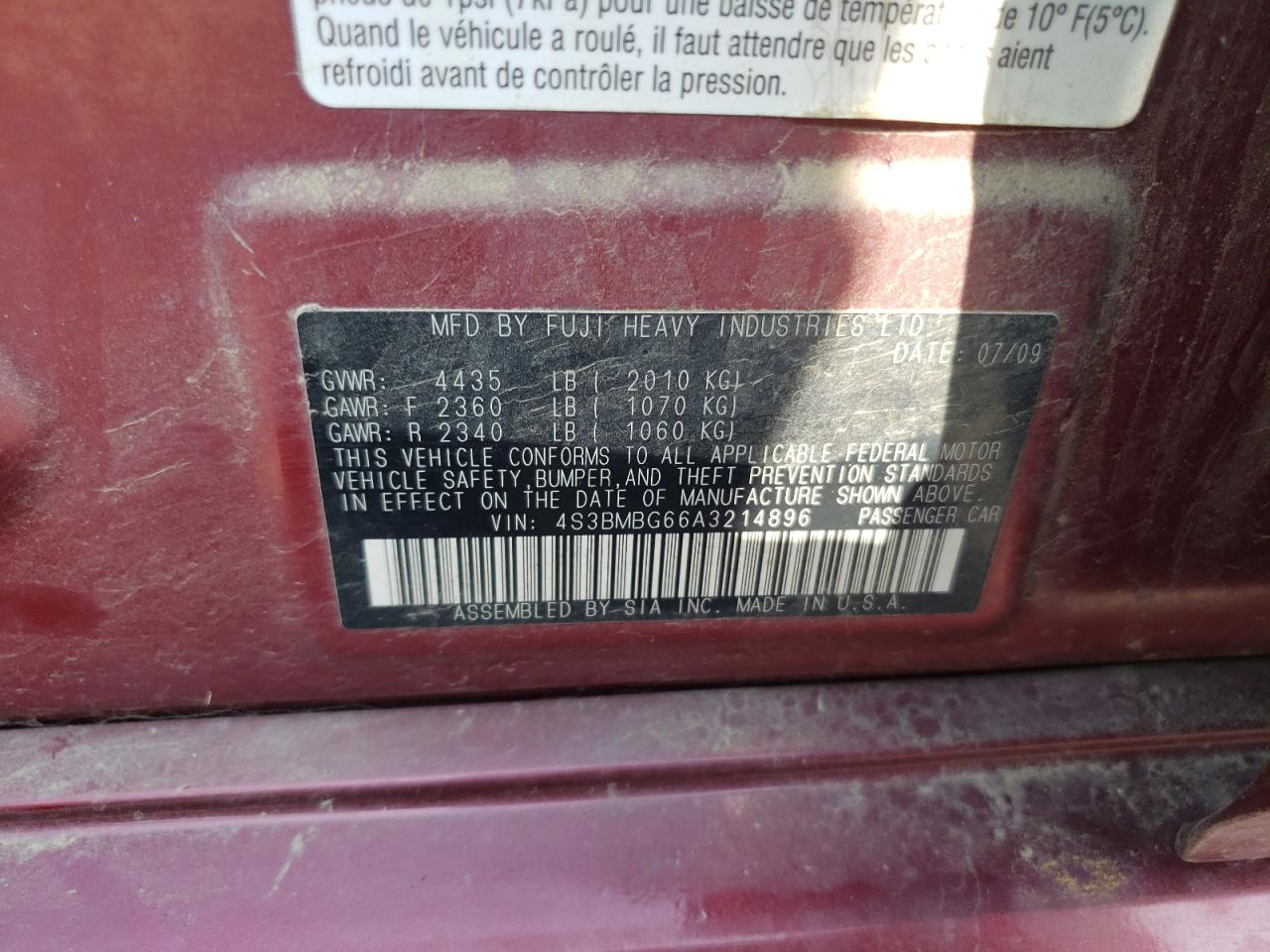 2010 Subaru Legacy 2.5I Premium VIN: 4S3BMBG66A3214896 Lot: 64359505