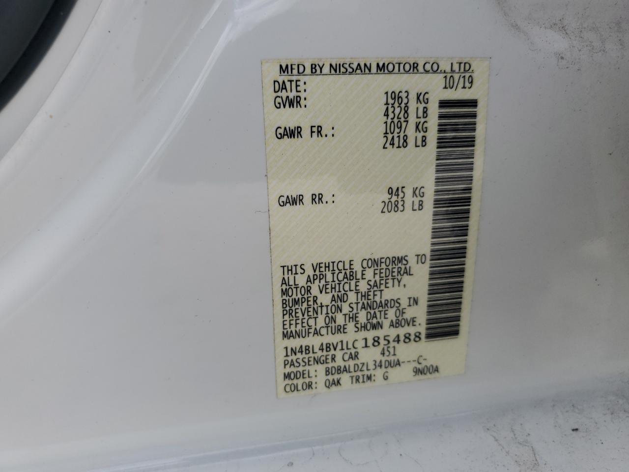2020 Nissan Altima S VIN: 1N4BL4BV1LC185488 Lot: 65115635