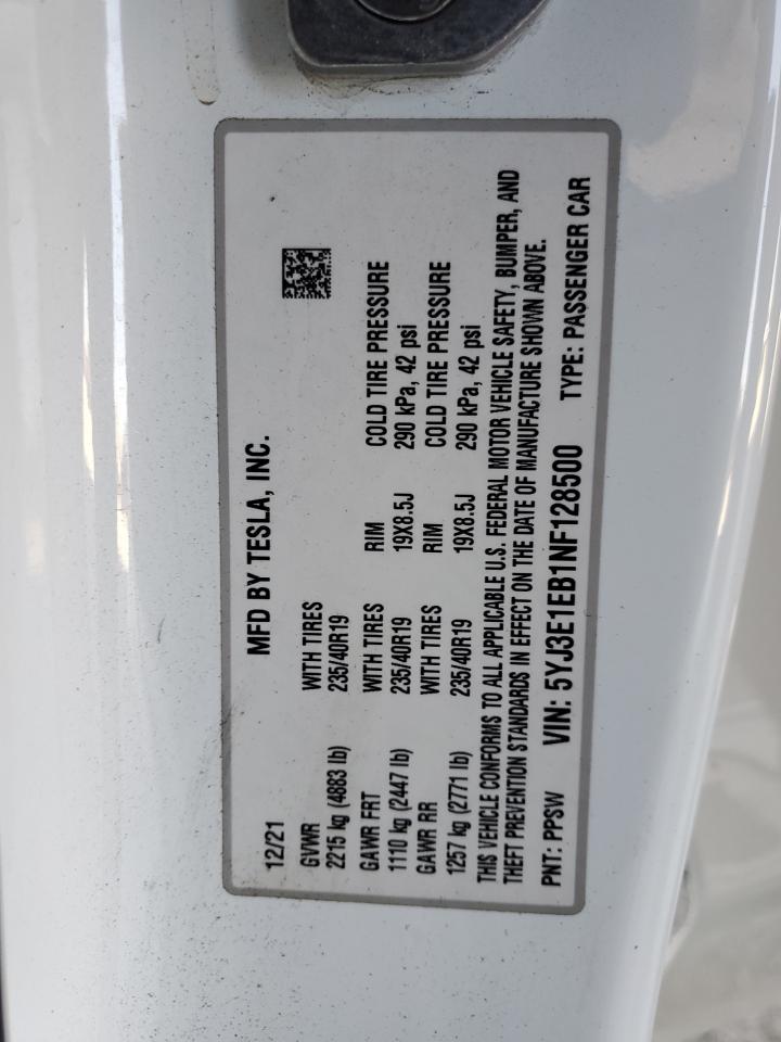 2022 Tesla Model 3 VIN: 5YJ3E1EB1NF128500 Lot: 66383225