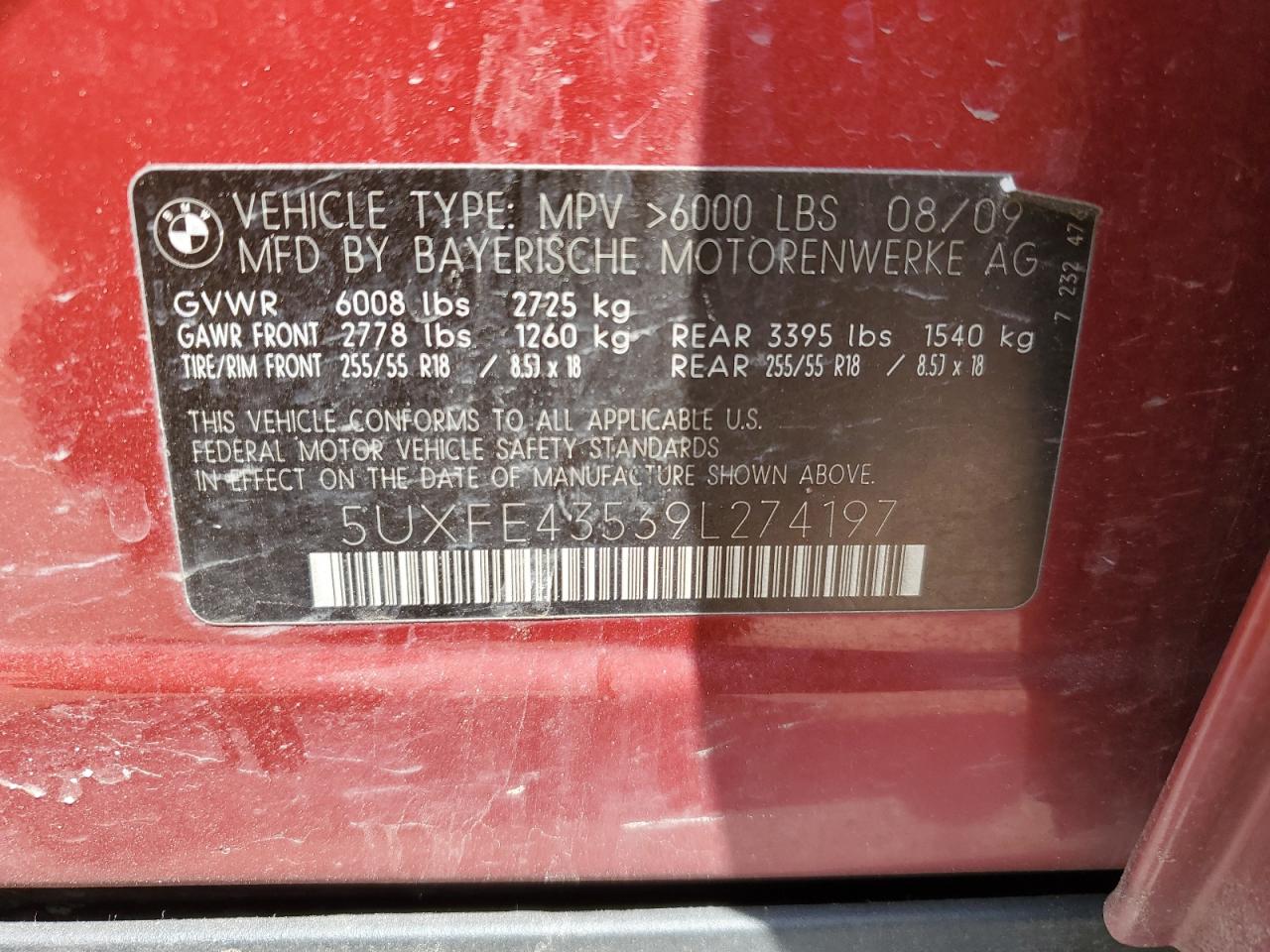 2009 BMW X5 xDrive30I VIN: 5UXFE43539L274197 Lot: 65045375
