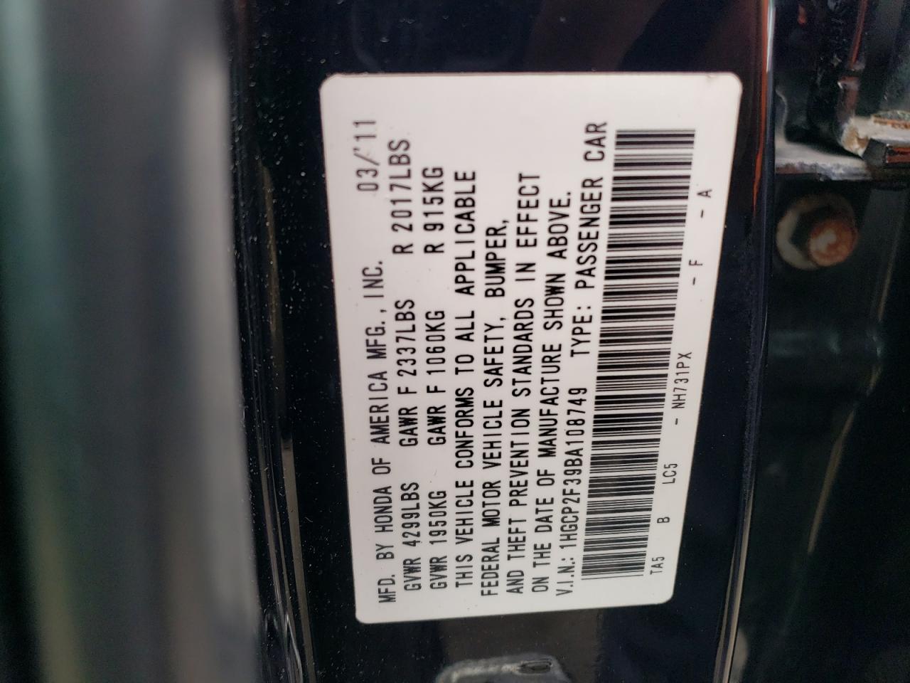 2011 Honda Accord Lx VIN: 1HGCP2F39BA108749 Lot: 64566345