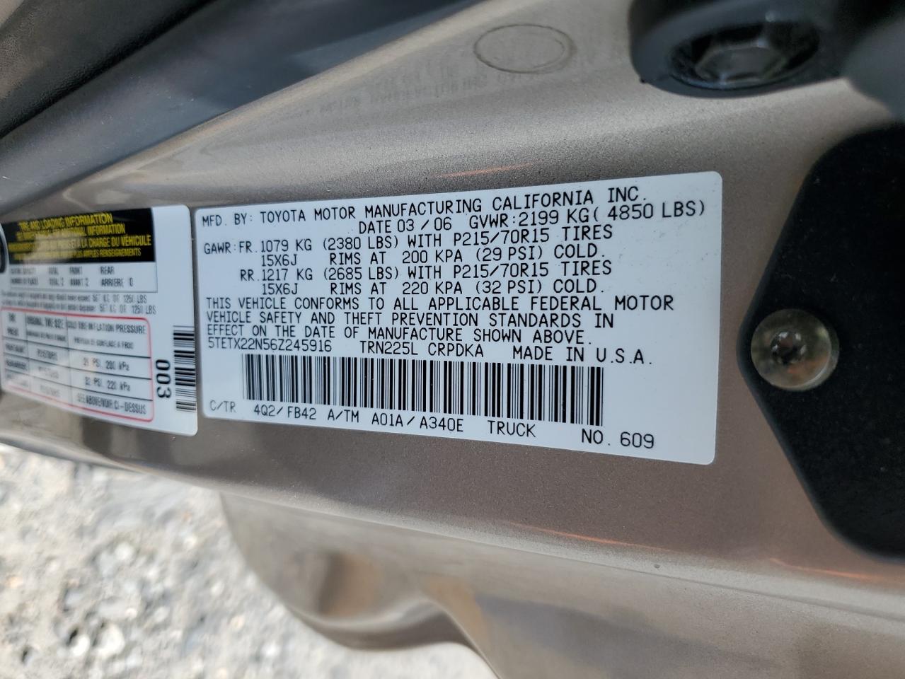 2006 Toyota Tacoma Access Cab VIN: 5TETX22N56Z245916 Lot: 64898085