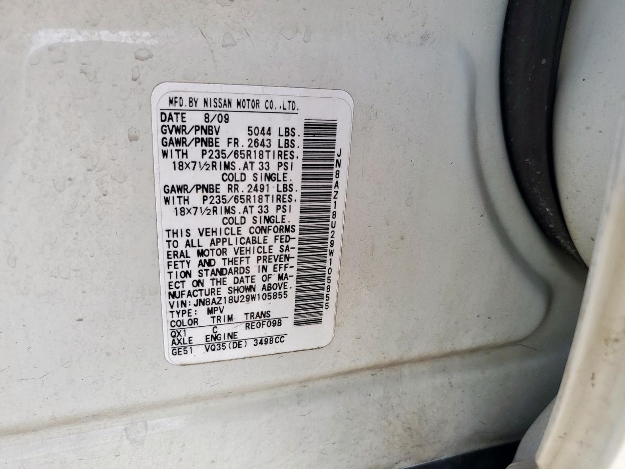 2009 Nissan Murano S VIN: JN8AZ18U29W105855 Lot: 64756195