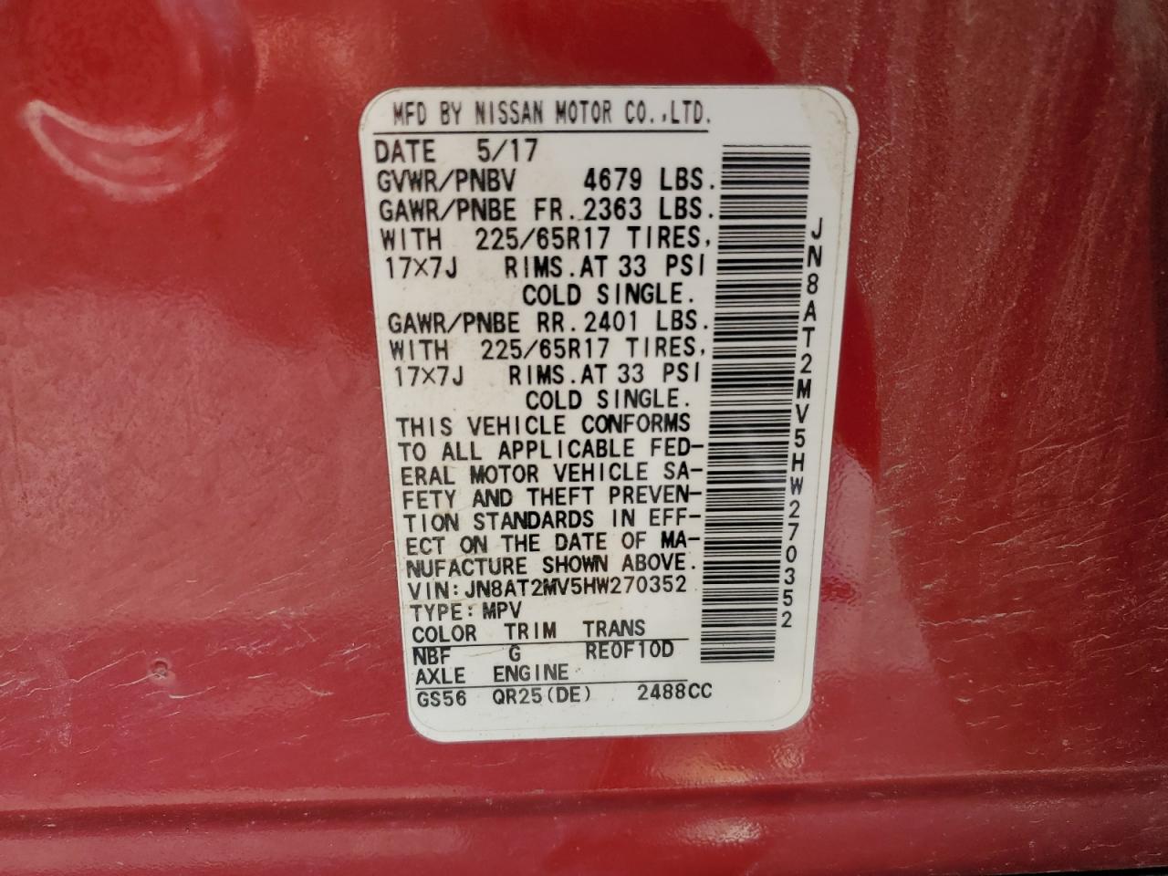 2017 Nissan Rogue S VIN: JN8AT2MV5HW270352 Lot: 64701325