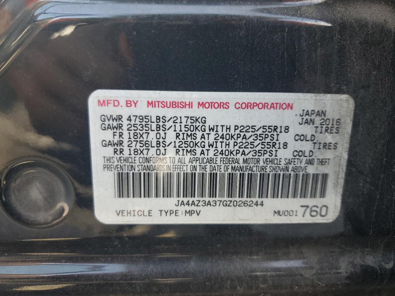2016 Mitsubishi Outlander Se VIN: JA4AZ3A37GZ026244 Lot: 64095025