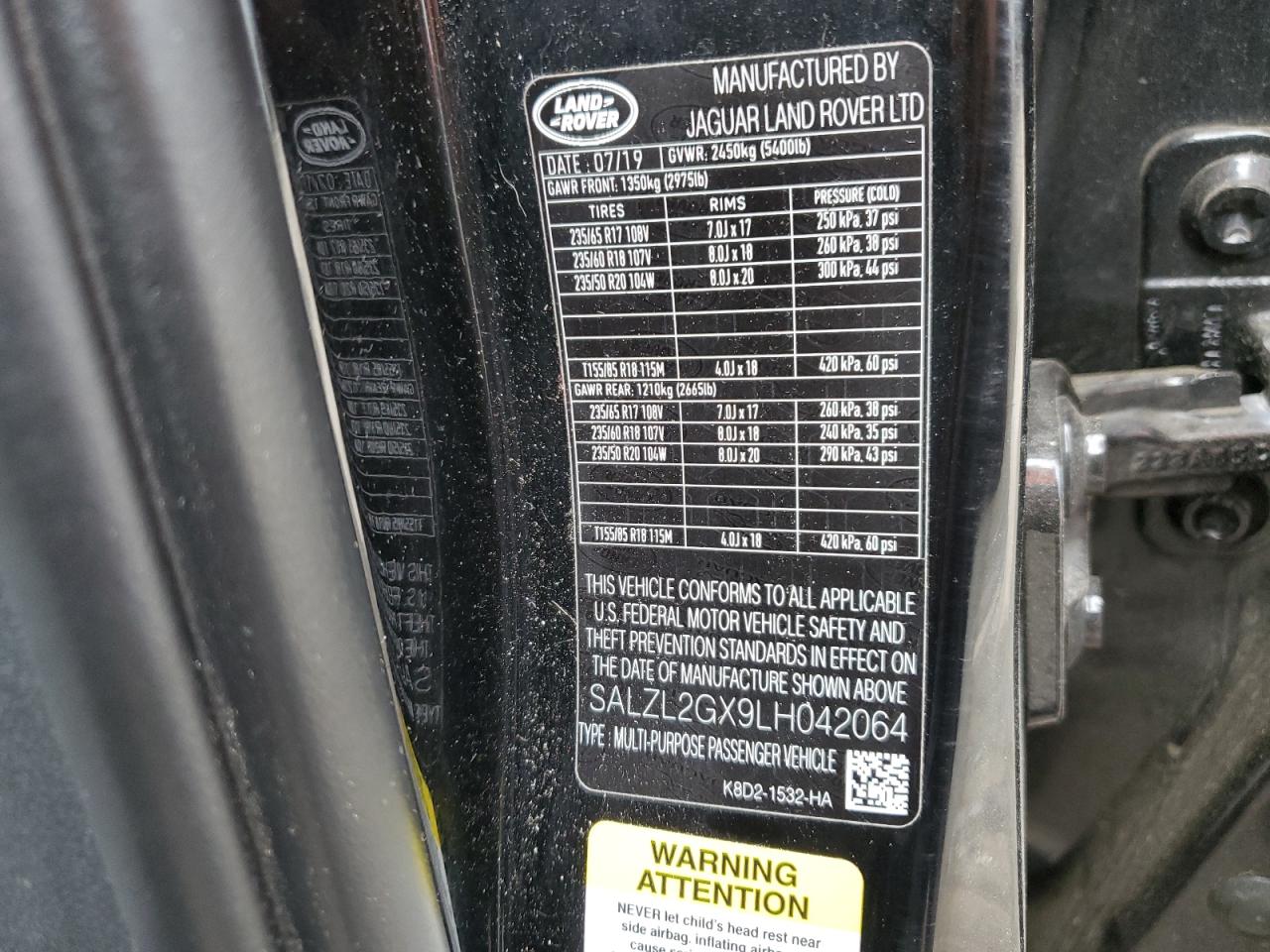 2020 Land Rover Range Rover Evoque Se VIN: SALZL2GX9LH042064 Lot: 64273905