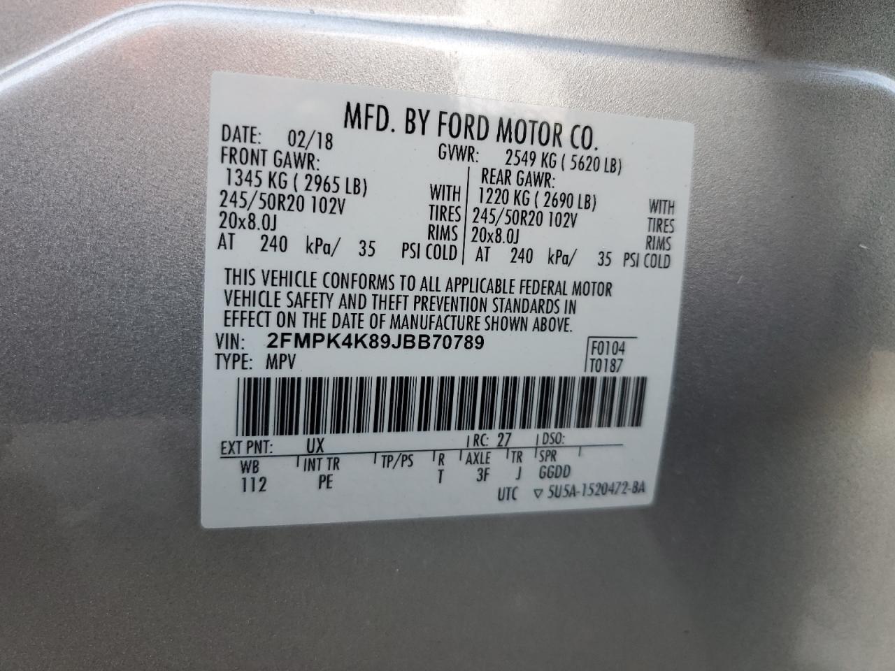 2018 Ford Edge Titanium VIN: 2FMPK4K89JBB70789 Lot: 64994995