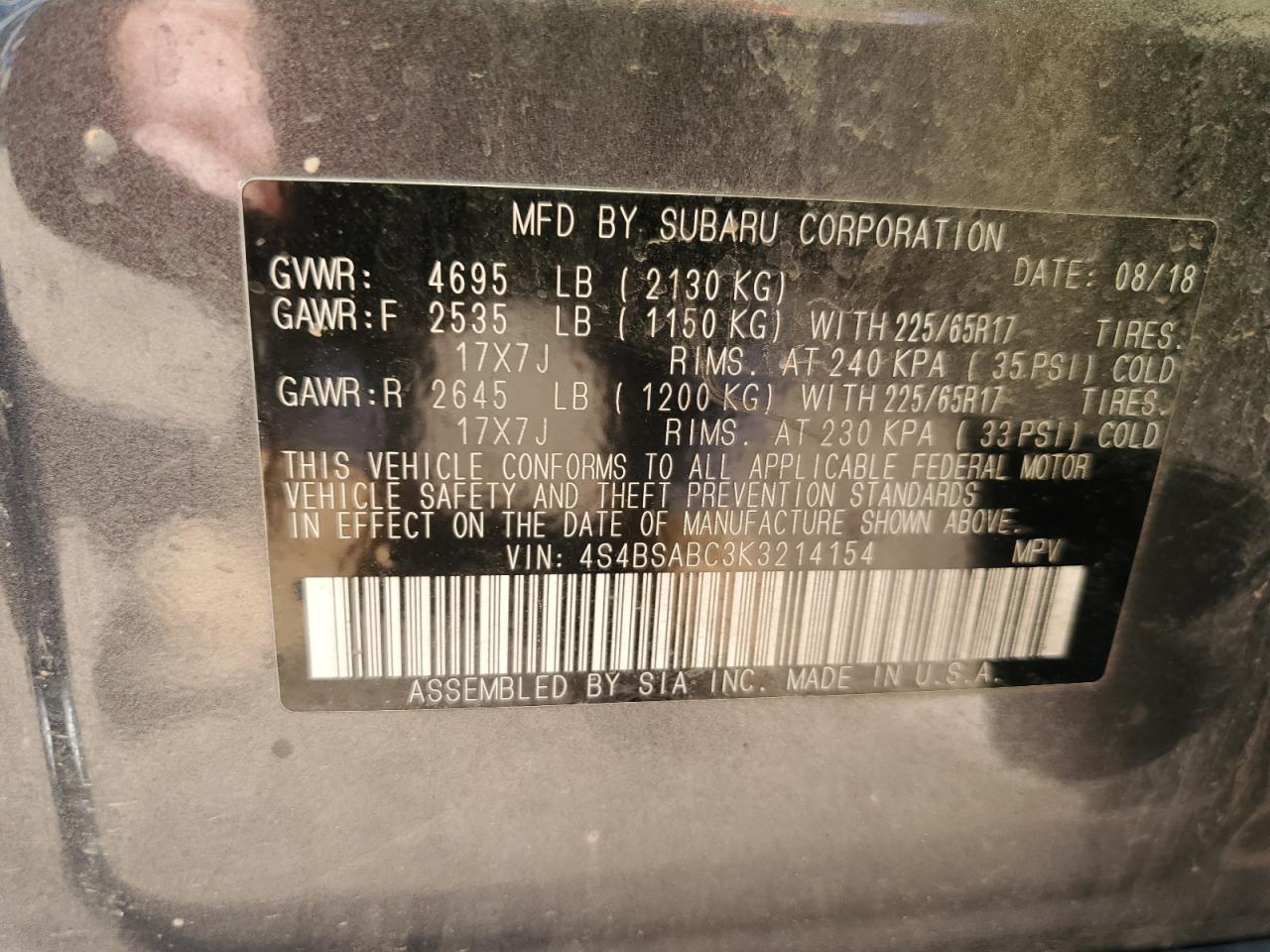 2019 Subaru Outback 2.5I VIN: 4S4BSABC3K3214154 Lot: 63247535