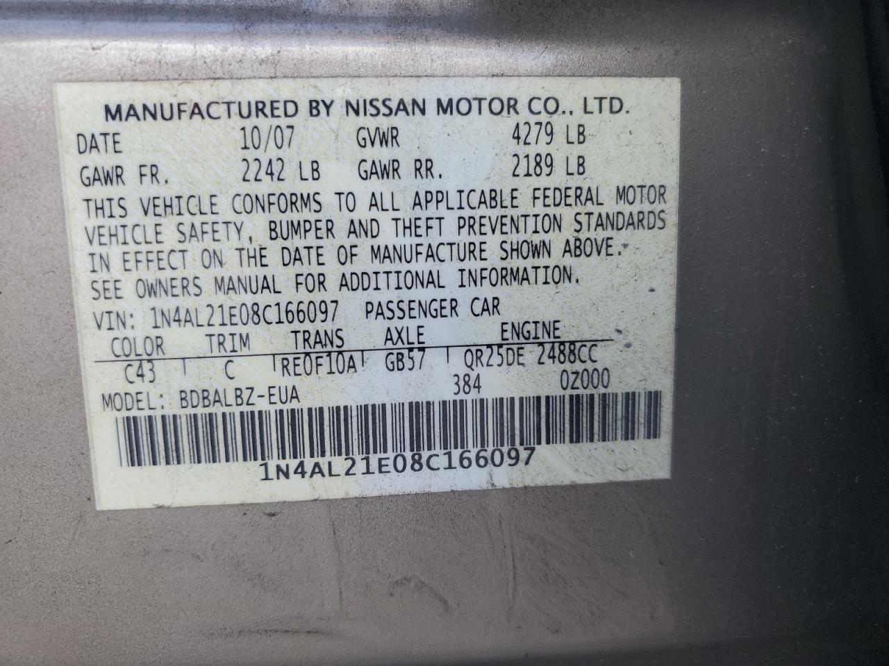 2008 Nissan Altima 2.5 VIN: 1N4AL21E08C166097 Lot: 64201675