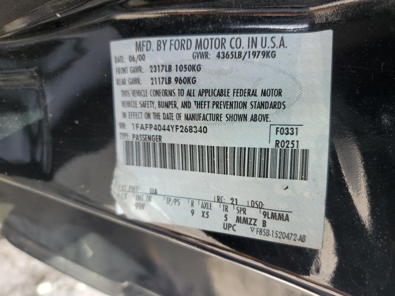 2000 Ford Mustang VIN: 1FAFP4044YF268340 Lot: 64687515