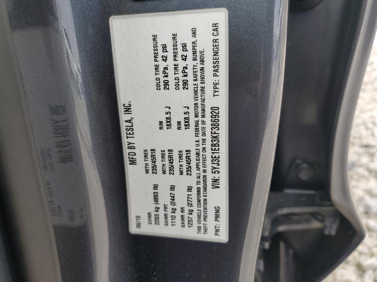 2019 Tesla Model 3 VIN: 5YJ3E1EB3KF386920 Lot: 65511035