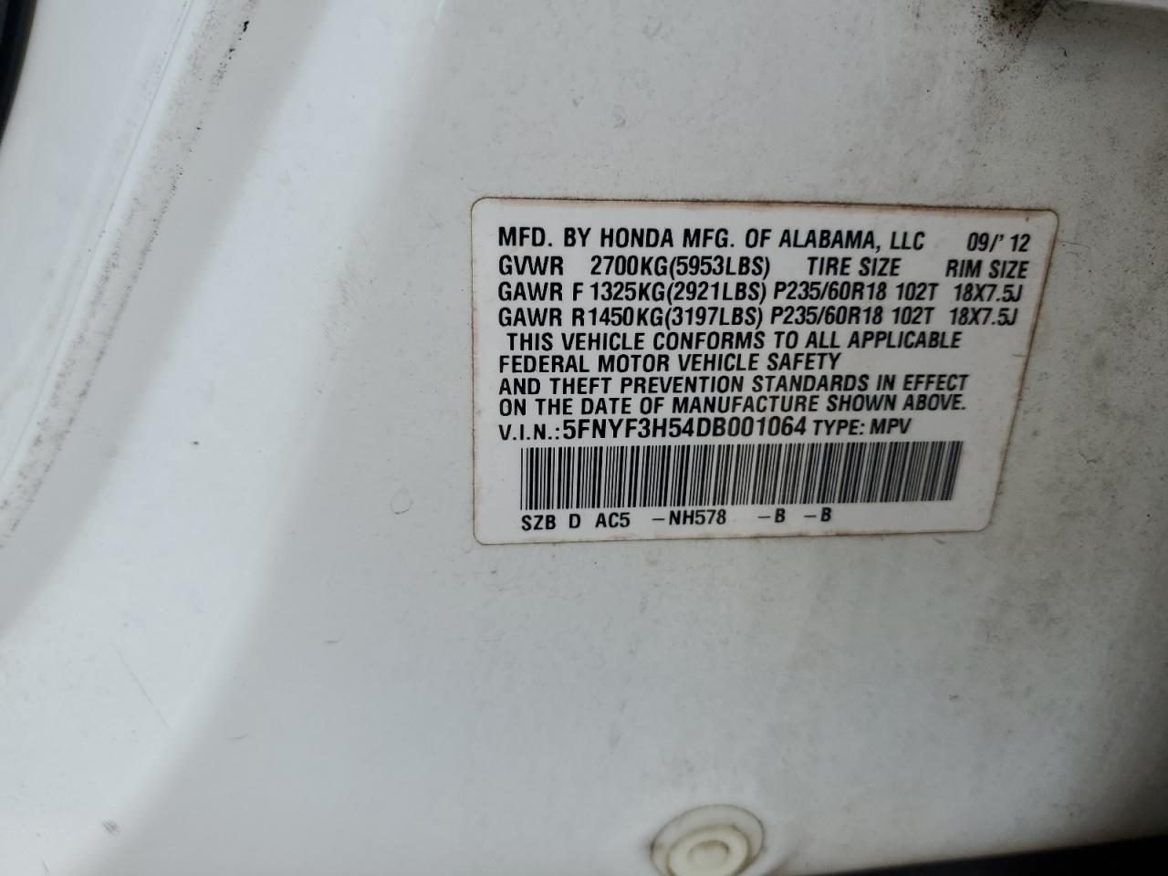 2013 Honda Pilot Exl VIN: 5FNYF3H54DB001064 Lot: 62871715