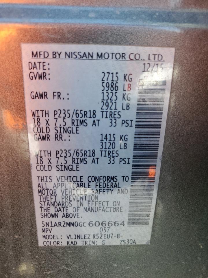 2016 Nissan Pathfinder S VIN: 5N1AR2MM0GC606664 Lot: 62821005